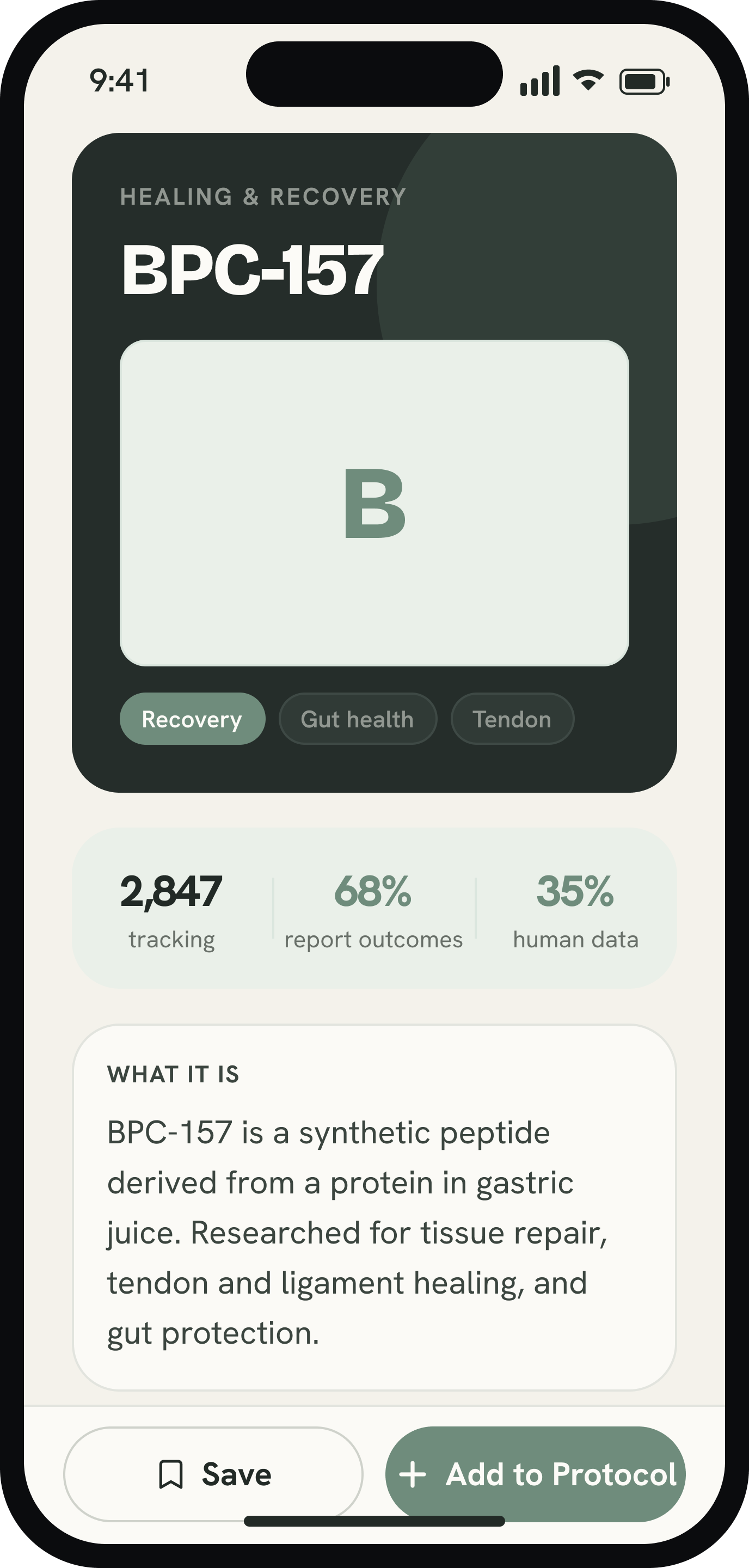 Peptide detail — evidence breakdown and trackable outcomes