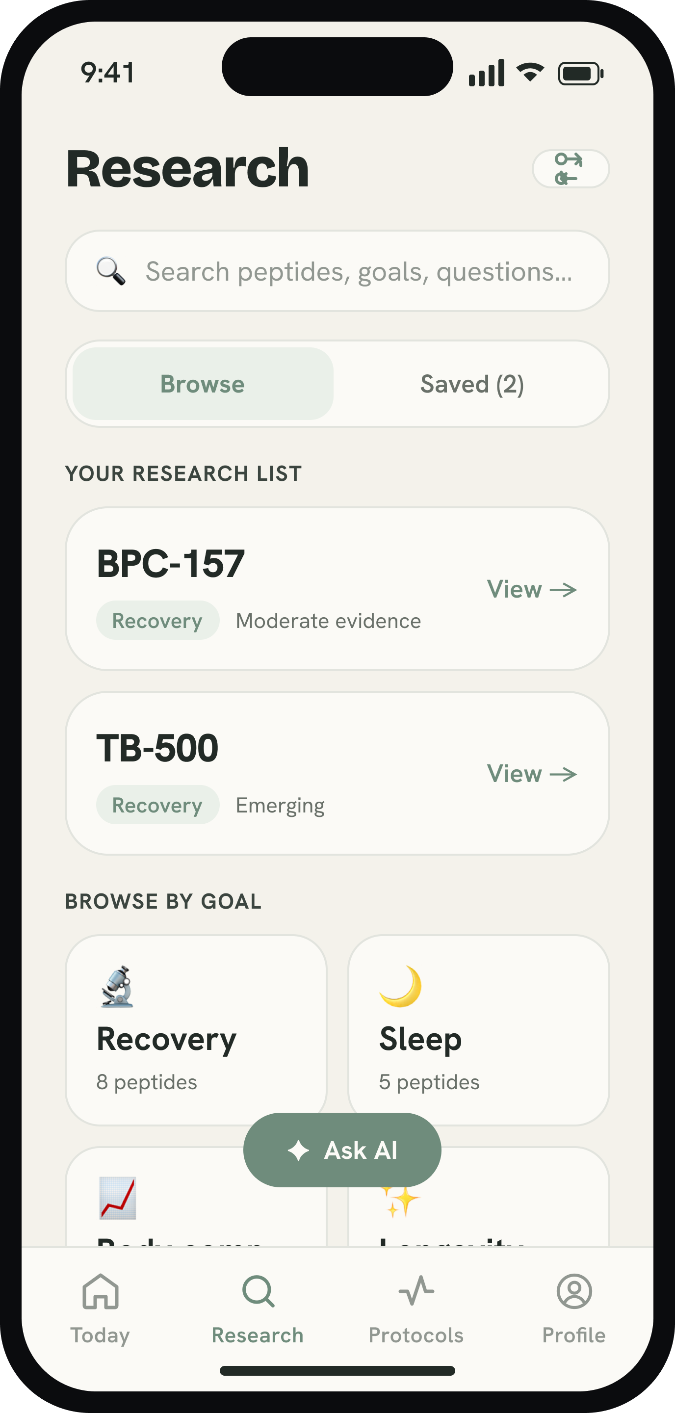 Research library — browse and filter peptides by goal